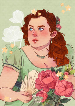 Das Bild zeigt Penelope Featherington aus „Bridgerton“ als stilisierte Illustration. Sie hat rote, lockige Haare mit Blumen, trägt ein grünes Kleid und hält einen Fächer. Umgeben von rosa Blumen, gelben Sternen und weißen Blumen auf hellgrünem Hintergrund.